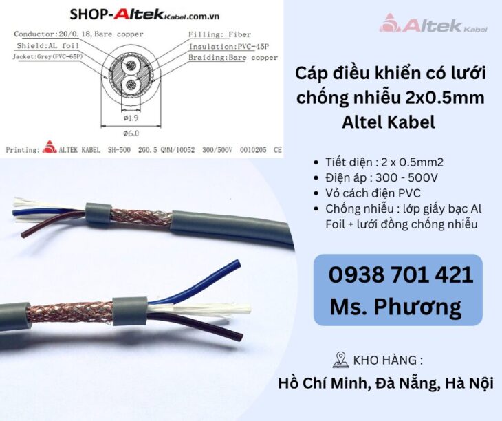 Cáp điều khiển có lưới chống nhiễu 2×0.5mm Altel Kabel Đà Nẵng, Hà Nội, Hồ Chí Minh