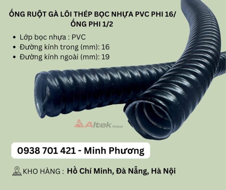 Ống ruột gà lõi thép bọc nhựa PVC phi 16/ Ống phi 1/2 Đà Nẵng, Hà Nội, Hồ Chí Minh