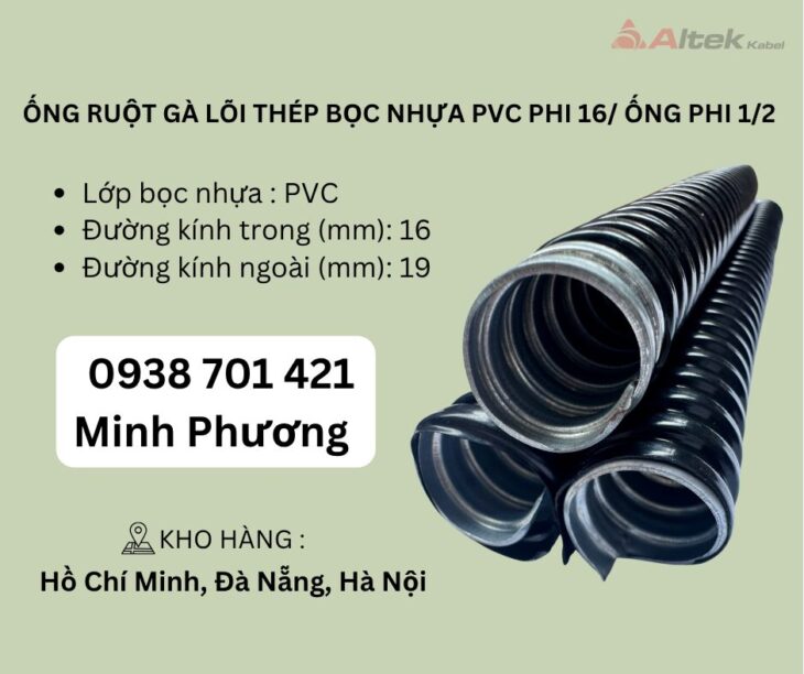 Ống ruột gà lõi thép bọc nhựa PVC phi 16/ Ống phi 1/2 Đà Nẵng, Hà Nội, Hồ Chí Minh