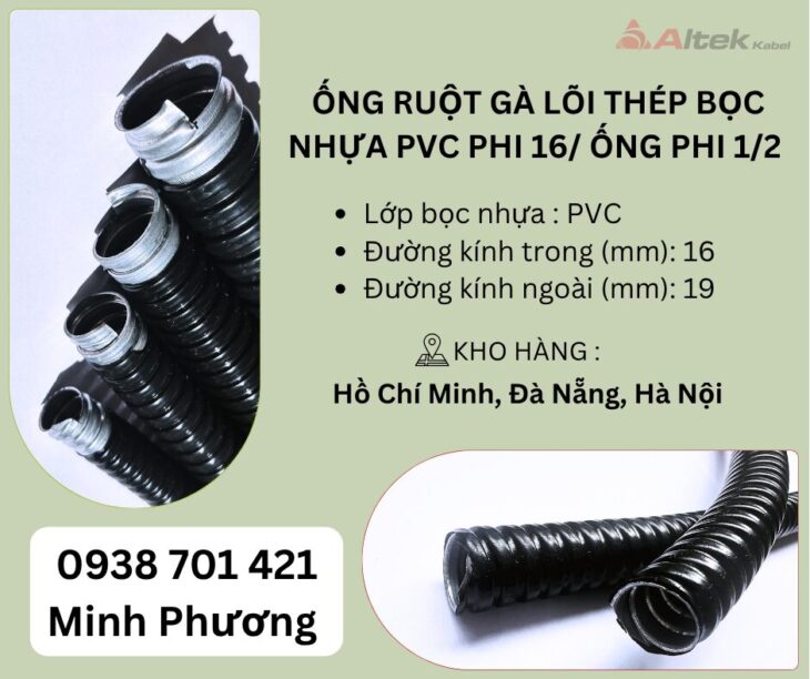 Ống ruột gà lõi thép bọc nhựa PVC phi 16/ Ống phi 1/2 Đà Nẵng, Hà Nội, Hồ Chí Minh