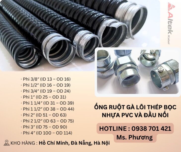 Ống ruột gà lõi thép bọc nhựa PVC và đầu nối tại Đà Nẵng, Hà Nội, Hồ Chí Minh