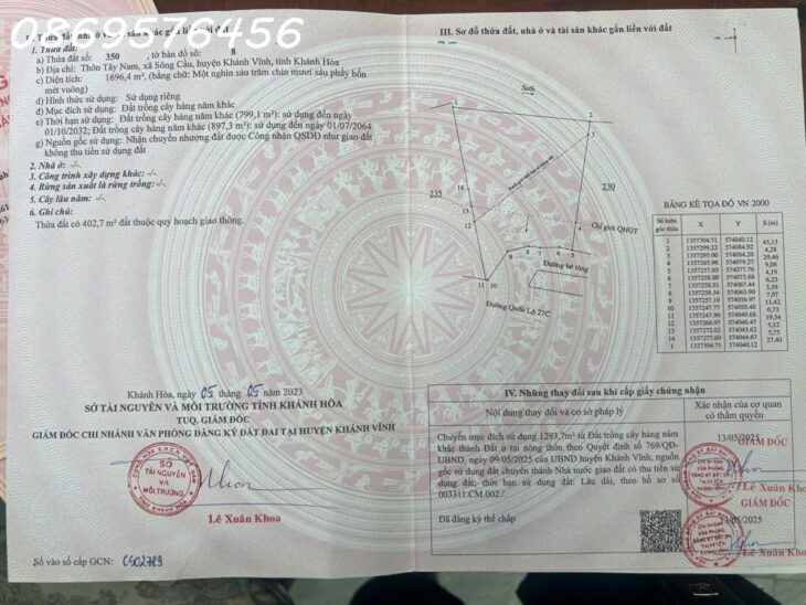 BÁN ĐẤT Ở MẶT ĐƯỜNG QL27C, KHÁNH VĨNH, KHÁNH HOÀ