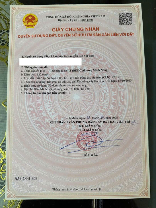 CHÍNH CHỦ CẦN BÁN LÔ ĐẤT ĐẸP – PHƯỜNG MINH NÔNG, TP VIỆT TRÌ, PHÚ THỌ