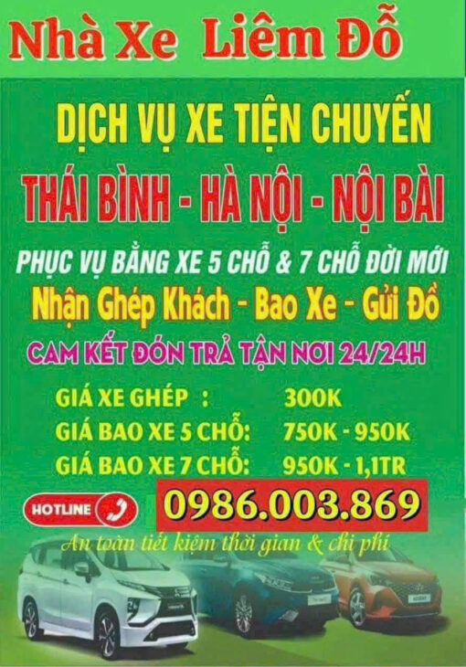 NHÀ XE LIÊM ĐỖ – DỊCH VỤ XE TIỆN CHUYẾN Thái Bình – Hà Nội- Nội Bài – SB Cát Bi Hải Phòng