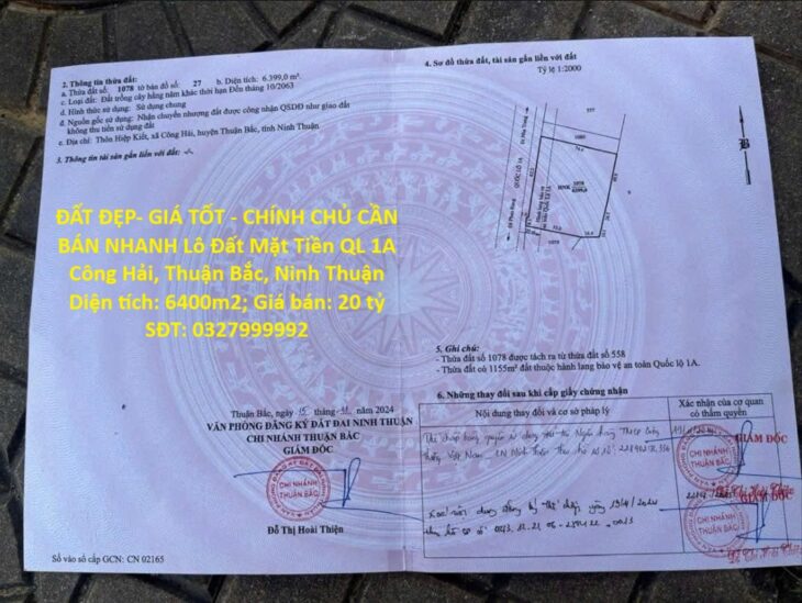 ĐẤT ĐẸP- GIÁ TỐT – CHÍNH CHỦ CẦN BÁN NHANH Lô Đất Mặt Tiền QL 1A Công Hải, Thuận Bắc, Ninh Thuận