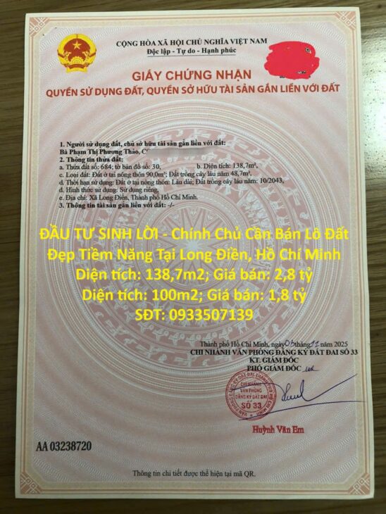 ĐẦU TƯ SINH LỜI – Chính Chủ Cần Bán Lô Đất Đẹp Tiềm Năng Tại Long Điền, Hồ Chí Minh