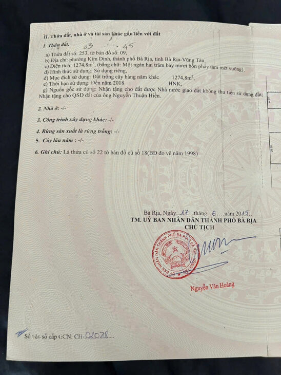 CHÍNH CHỦ BÁN ĐẤT BIỆT THỰ CÁCH QUỐC LỘ 56 ,100M , PHƯỜNG KIM DINH, TP. BÀ RỊA – VŨNG TÀU