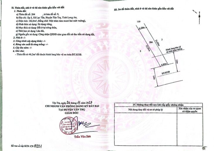ĐẤT ĐẸP – GIÁ TỐT – BÁN NHANH LÔ ĐẤT Mặt Tiền Tỉnh lộ 833B Xã Lạc Tấn, Tân Trụ, Long An