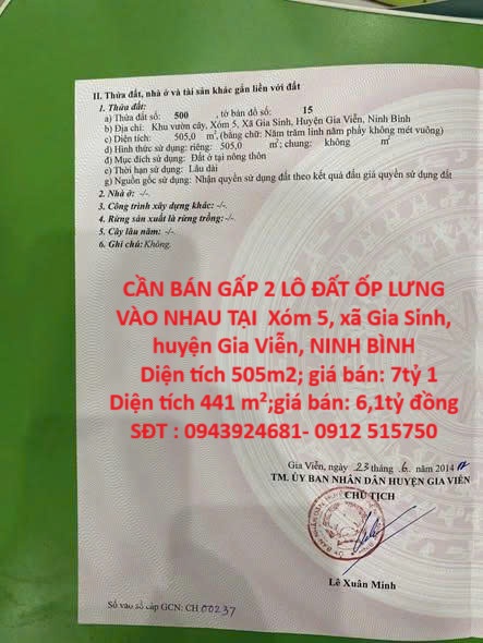 CẦN BÁN GẤP 2 LÔ ĐẤT ỐP LƯNG VÀO NHAU TẠI Xóm 5, xã Gia Sinh, huyện Gia Viễn, NINH BÌNH CẦN BÁN GẤP 2 LÔ ĐẤT ỐP LƯNG VÀO NHAU TẠI Xóm 5, xã Gia Sinh, huyện Gia Viễn, NINH BÌNH