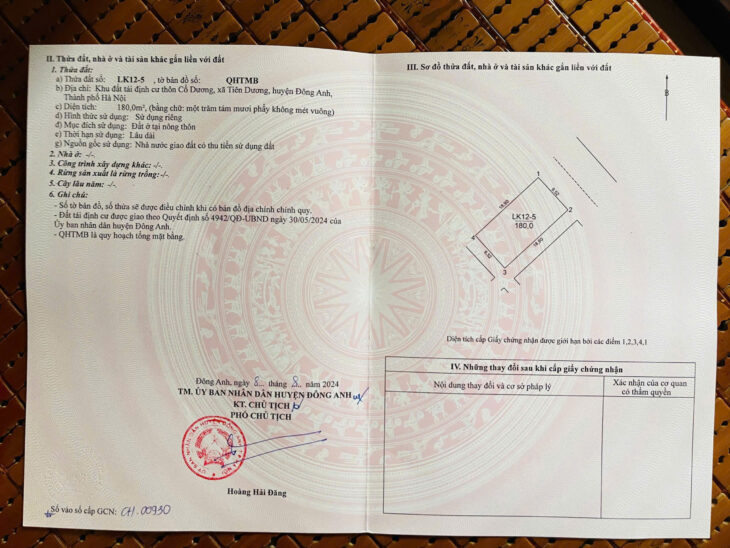 BÁN 180m2 – KHU TÁI ĐỊNH CƯ BỘ CÔNG AN, TIÊN DƯƠNG – ĐÔNG ANH 🔥 🏡 Lô LK 12-5 ( Lô Xẻ Khe) –