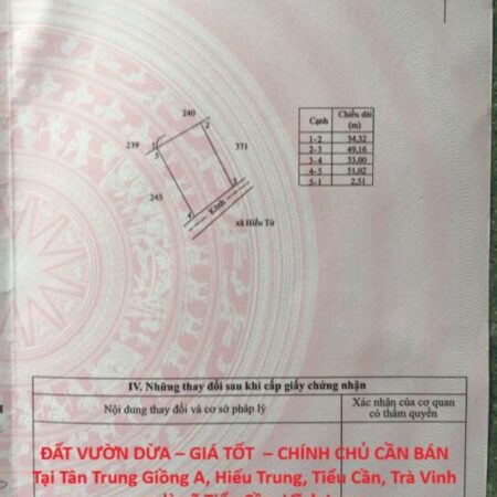 ĐẤT VƯỜN DỪA – GIÁ TỐT – CHÍNH CHỦ CẦN BÁN Tại Tân Trung Giồng A, Hiếu Trung, Tiểu Cần, Trà Vinh