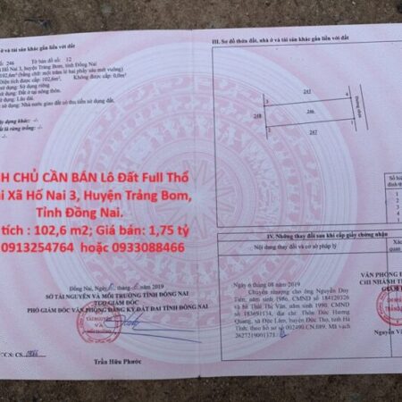 CHÍNH CHỦ CẦN BÁN Lô Đất Full Thổ Cư Tại Xã Hố Nai 3, Huyện Trảng Bom, Tỉnh Đồng Nai. CHÍNH CHỦ CẦN BÁN Lô Đất Full Thổ Cư Tại Xã Hố Nai 3, Huyện Trảng Bom, Tỉnh Đồng Nai.