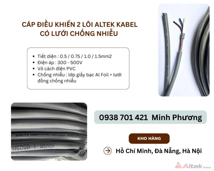 Cáp điều khiển 2 lõi Altek Kabel có lưới chống nhiễu Đà Nẵng, Quảng Bình, Khánh Hòa