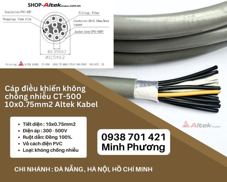 Cáp điều khiển không chống nhiễu CT-500 10×0.75mm2 Altek Kabel Đà Nẵng, Ninh Thuận, Bình Thuận