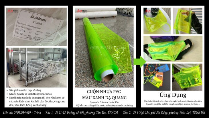Màng nhựa pvc chuyên may balo phụ kiện, màu xanh dạ quang nổi bật Màng nhựa pvc chuyên may balo phụ kiện, màu xanh dạ quang nổi bật
