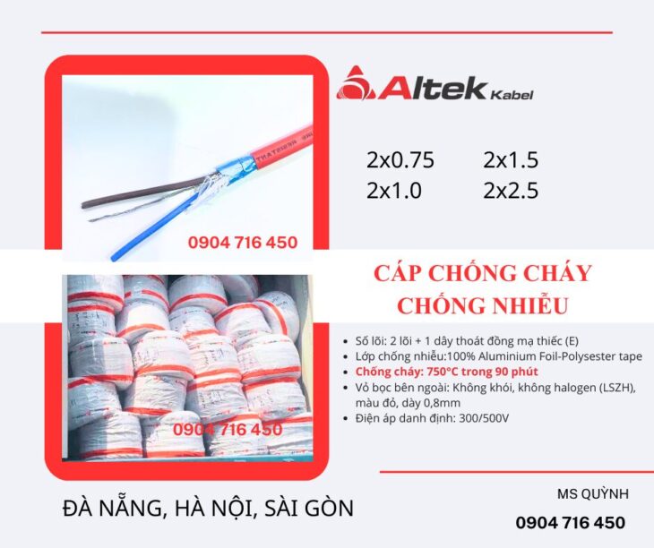 Cáp tín hiệu chống cháy 2g0.75, 2g1.0, 2g1.5 Altek Kabel Gia Lai, Nha Trang, Cần Thơ, Đà Nẵng, Huế