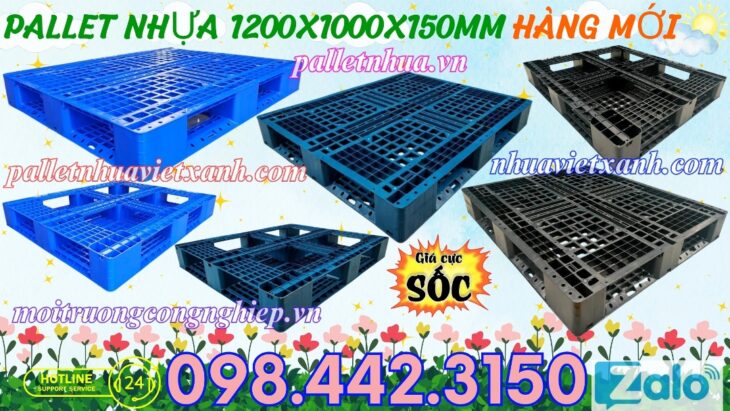 Pallet nhựa 1200x1000x150mm đan thanh màu xanh dương và đen