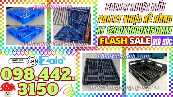 Pallet nhựa 1200x1000x150mm đan thanh màu xanh dương và đen