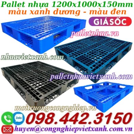 Pallet nhựa 1200x1000x150mm đan thanh màu xanh dương và đen