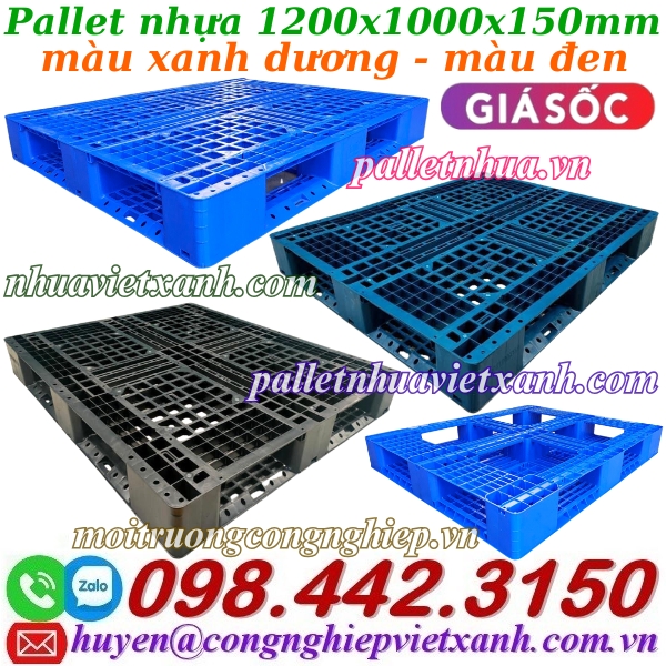Pallet nhựa 1200x1000x150mm đan thanh màu xanh dương và đen