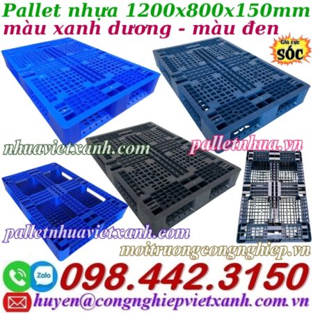 Pallet nhựa 1200x800x150mm đan thanh màu xanh dương và đen