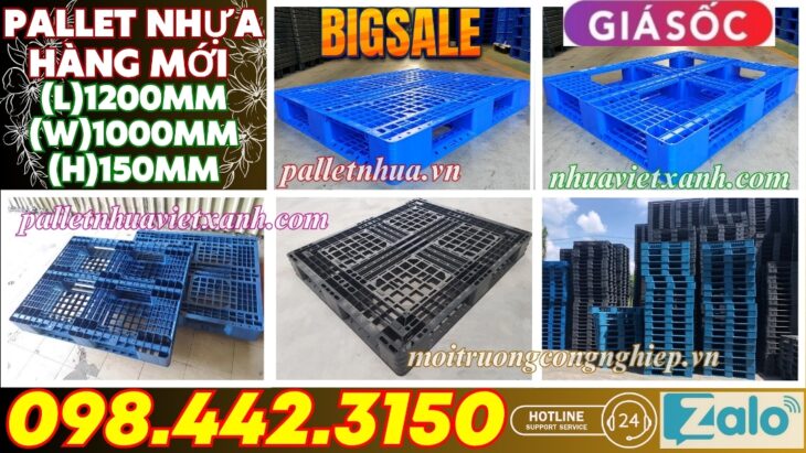 Pallet nhựa 1200x1000x150mm đan thanh màu xanh dương và đen
