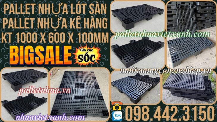 Pallet nhựa 1000x600x100mm màu đen – thanh lý hàng tồn giá siêu rẻ