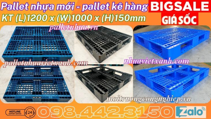 Pallet nhựa 1200x1000x150mm đan thanh màu xanh dương và đen