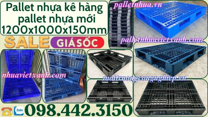 Pallet nhựa 1200x1000x150mm đan thanh màu xanh dương và đen