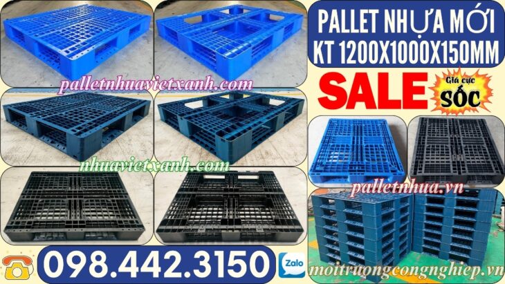 Pallet nhựa 1200x1000x150mm đan thanh màu xanh dương và đen
