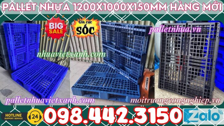 Pallet nhựa 1200x1000x150mm đan thanh màu xanh dương và đen