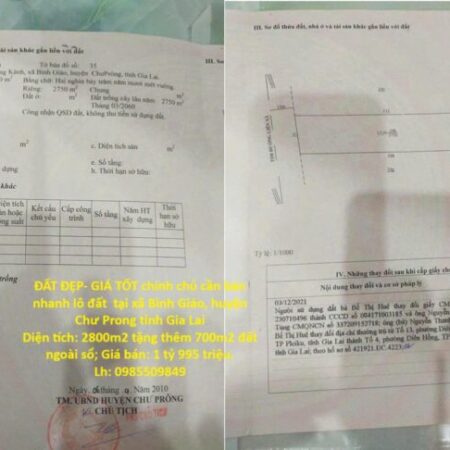 ĐẤT ĐẸP- GIÁ TỐT chính chủ cần bán nhanh lô đất tại huyện Chư Prong tỉnh Gia Lai