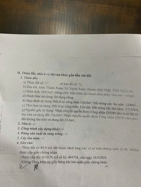 BÁN ĐẤT CHÍNH CHỦ – QUỐC LỘ 48A TẠI Nghĩa Xuân, Quỳ Hợp, Nghệ An