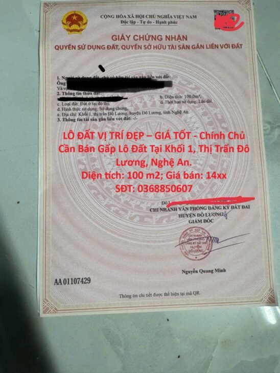 LÔ ĐẤT VỊ TRÍ ĐẸP – GIÁ TỐT – Chính Chủ Cần Bán Gấp Lô Đất Tại Khối 1, Thị Trấn Đô Lương, Nghệ An.