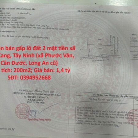 Cần tiền bán gấp lô đất 2 mặt tiền xã Phước Vân, Cần Đước, Long An, DT 200m2, giá đầu tư