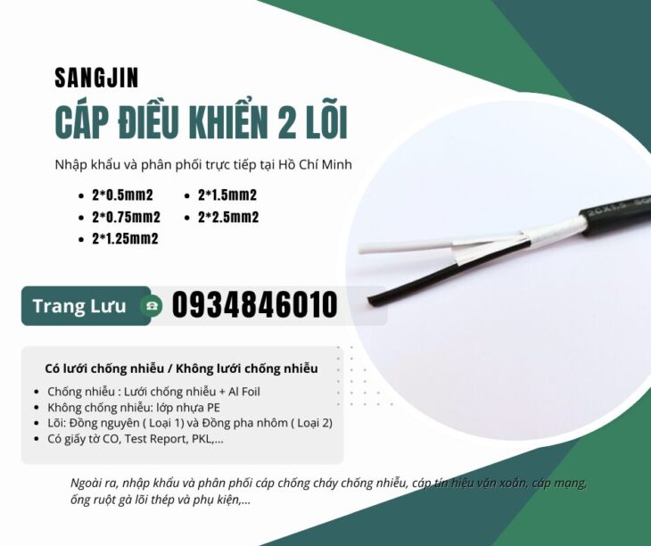 Cáp điều khiển Sangjin 2×0.5/2×0.75/2×1.25/2×1.5/2×2.5 Cần Thơ, Đồng Tháp, Long An