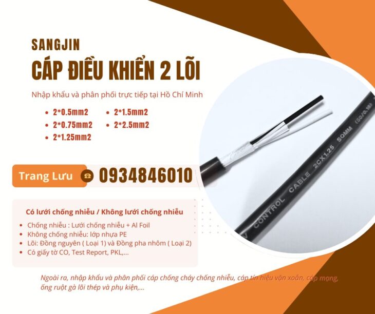 Cáp điều khiển Sangjin 2×0.5/2×0.75/2×1.25/2×1.5/2×2.5 Cần Thơ, Đồng Tháp, Long An