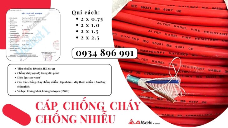 Cáp Chống Cháy Chống Nhiễu 2×1.5 Mm2, Bs6387, Iec 60331 Khánh Hòa, Gia Lai, Bình Định.
