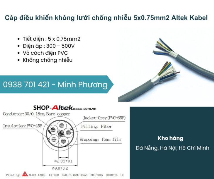 Cáp điều khiển không lưới chống nhiễu 5×0.75mm2 Altek Kabel Bình Định, Quảng Trị