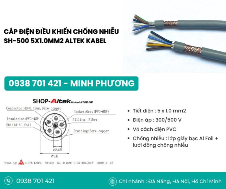 Dây cáp điện điều khiển chống nhiễu SH-500 5×1.0mm2 Đà Nẵng, Hồ Chí Minh, Hà Nội