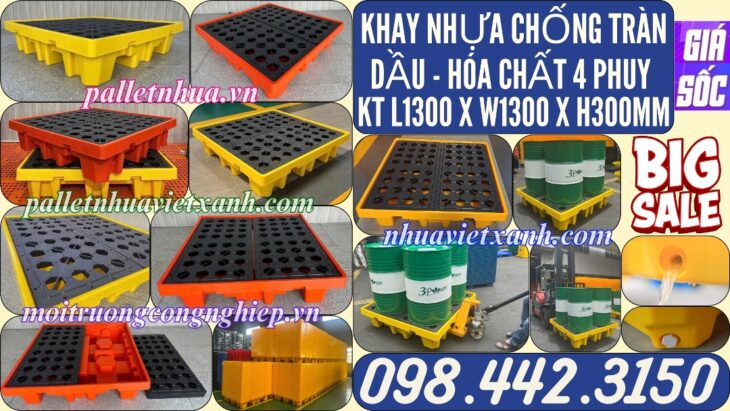 Pallet nhựa chống tràn BVMT 4 phuy KT 1300x1300x300mm