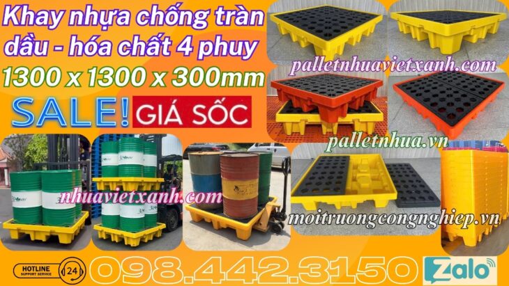 Pallet nhựa chống tràn BVMT 4 phuy KT 1300x1300x300mm