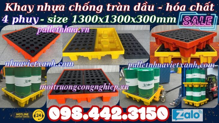 Pallet nhựa chống tràn BVMT 4 phuy KT 1300x1300x300mm