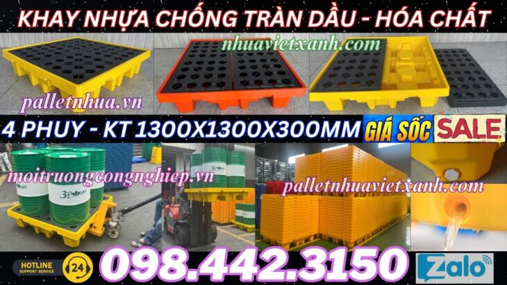 Pallet nhựa chống tràn BVMT 4 phuy KT 1300x1300x300mm