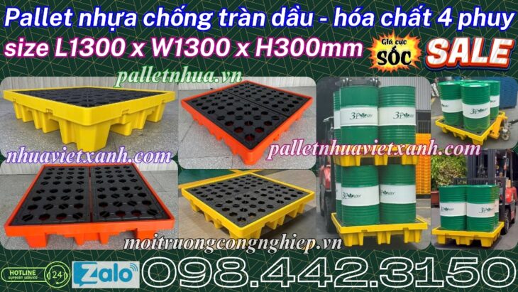 Pallet nhựa chống tràn BVMT 4 phuy KT 1300x1300x300mm