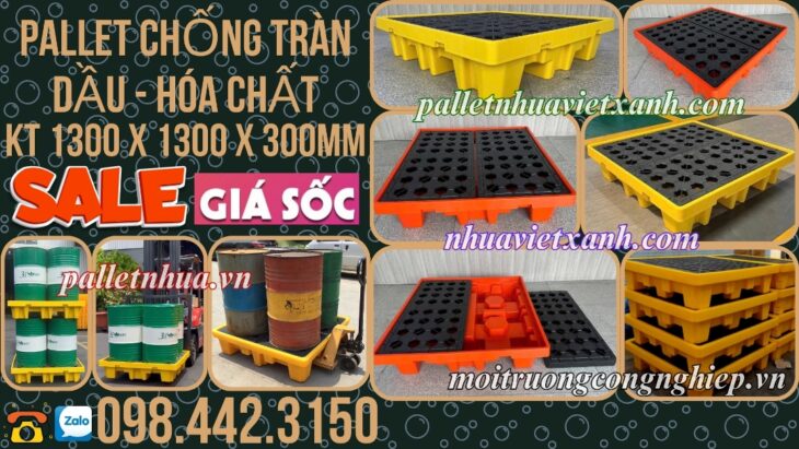 Pallet nhựa chống tràn BVMT 4 phuy KT 1300x1300x300mm