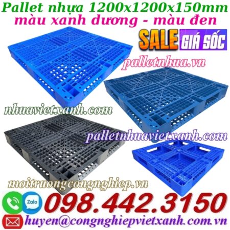 Pallet nhựa 1200x1200x150mm đan thanh màu xanh dương và đen