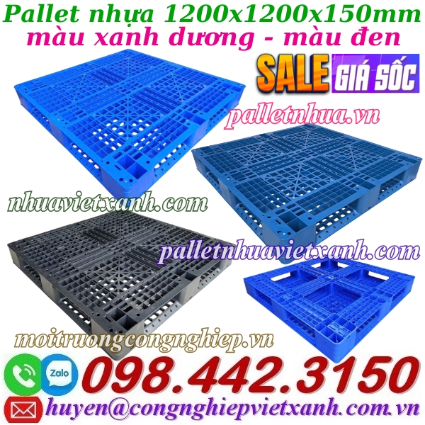 Pallet nhựa 1200x1200x150mm đan thanh màu xanh dương và đen