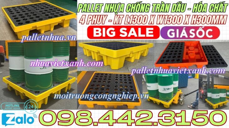 Pallet nhựa chống tràn BVMT 4 phuy KT 1300x1300x300mm