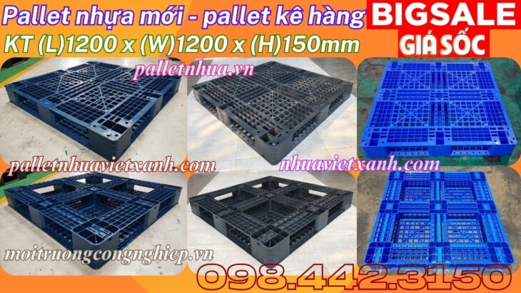 Pallet nhựa 1200x1200x150mm đan thanh màu xanh dương và đen
